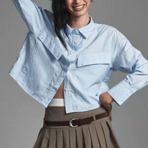 Maeve Light Blue Cropped Button-Down Shirt with sparkles